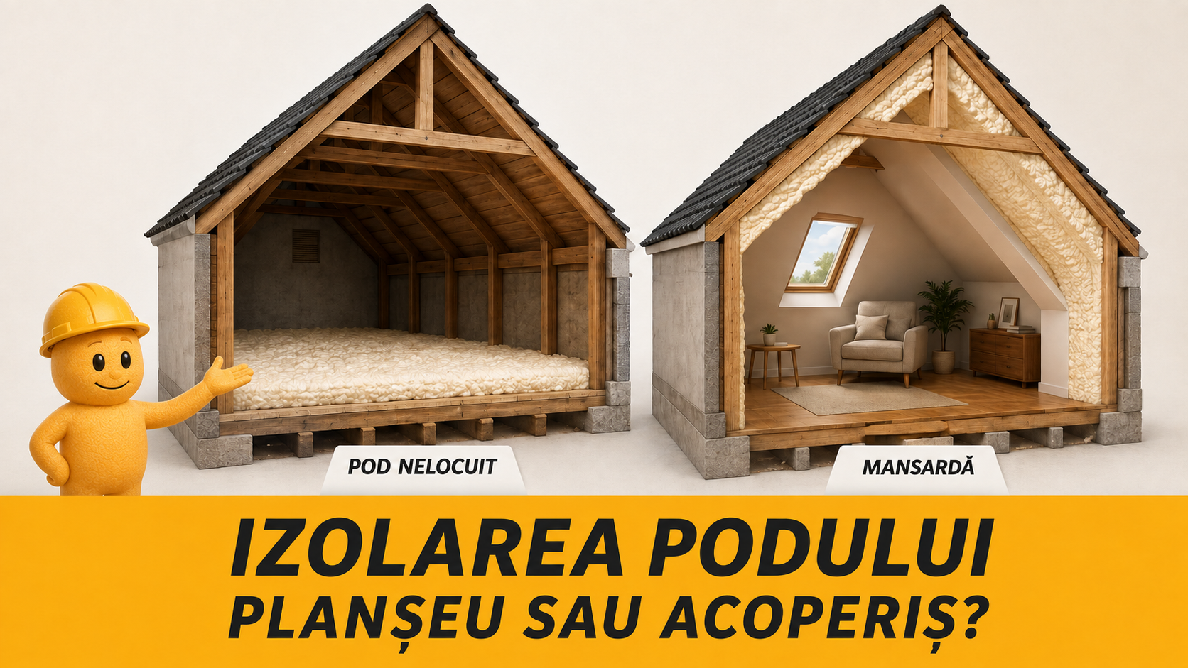 Ilustrație conceptuală: izolarea planșeului unui pod nelocuit comparată cu izolarea acoperișului unei mansarde.