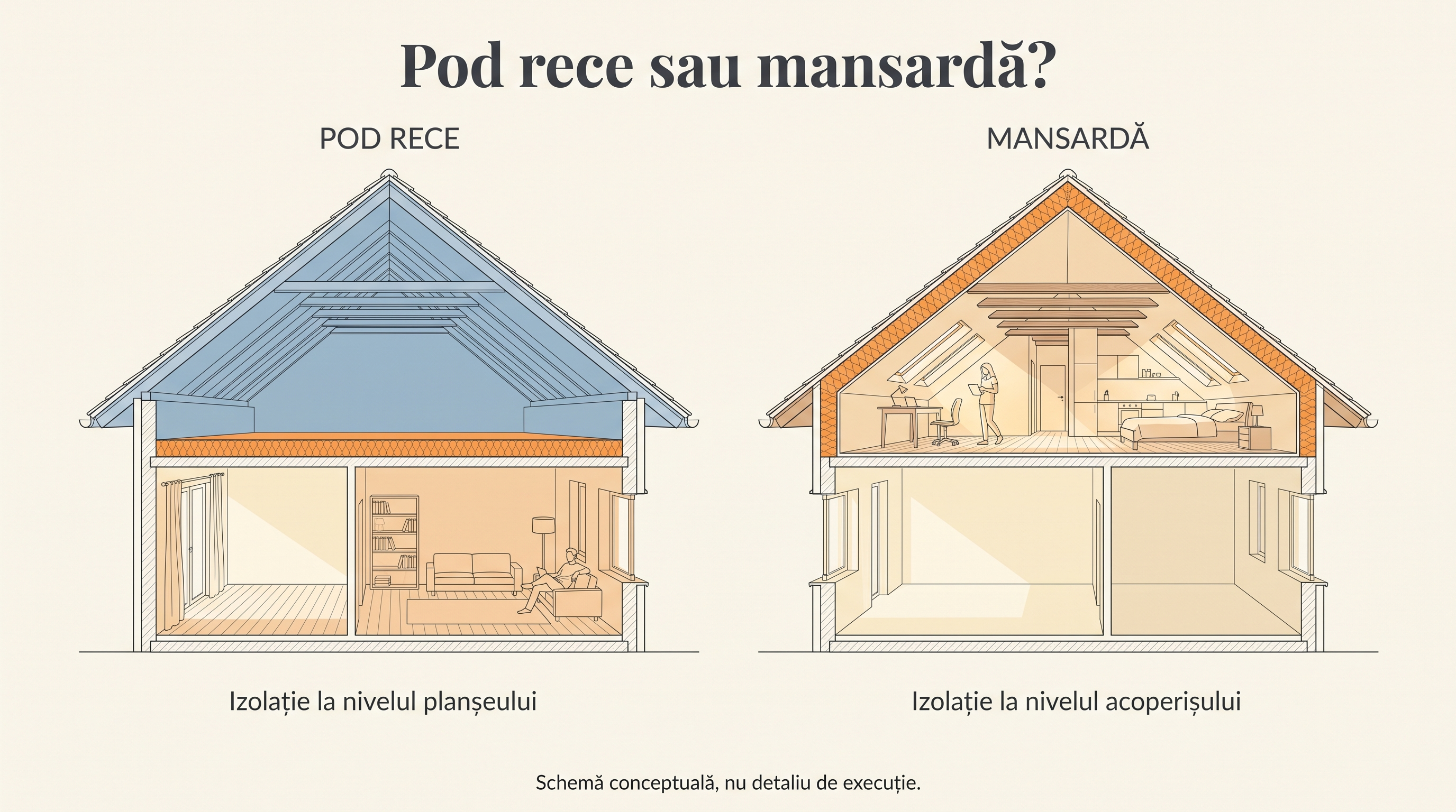 Comparație între izolarea planșeului unui pod rece și izolarea pantelor unei mansarde.