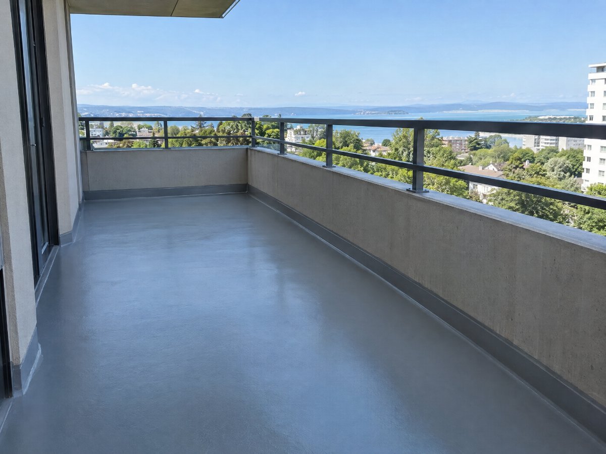 Balcon exterior din beton cu placa hidroizolată cu un strat continuu de poliuree gri