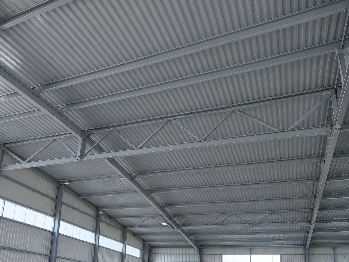 Interior de hală industrială cu structură metalică și acoperiș din tablă cutată