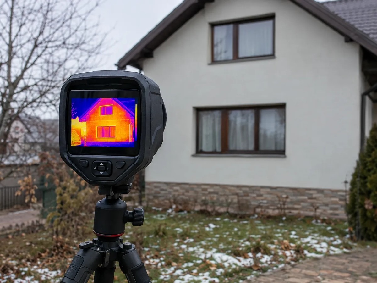Tehnician care verifică fațada unei case cu o cameră termoviziune, înainte de o lucrare de izolație